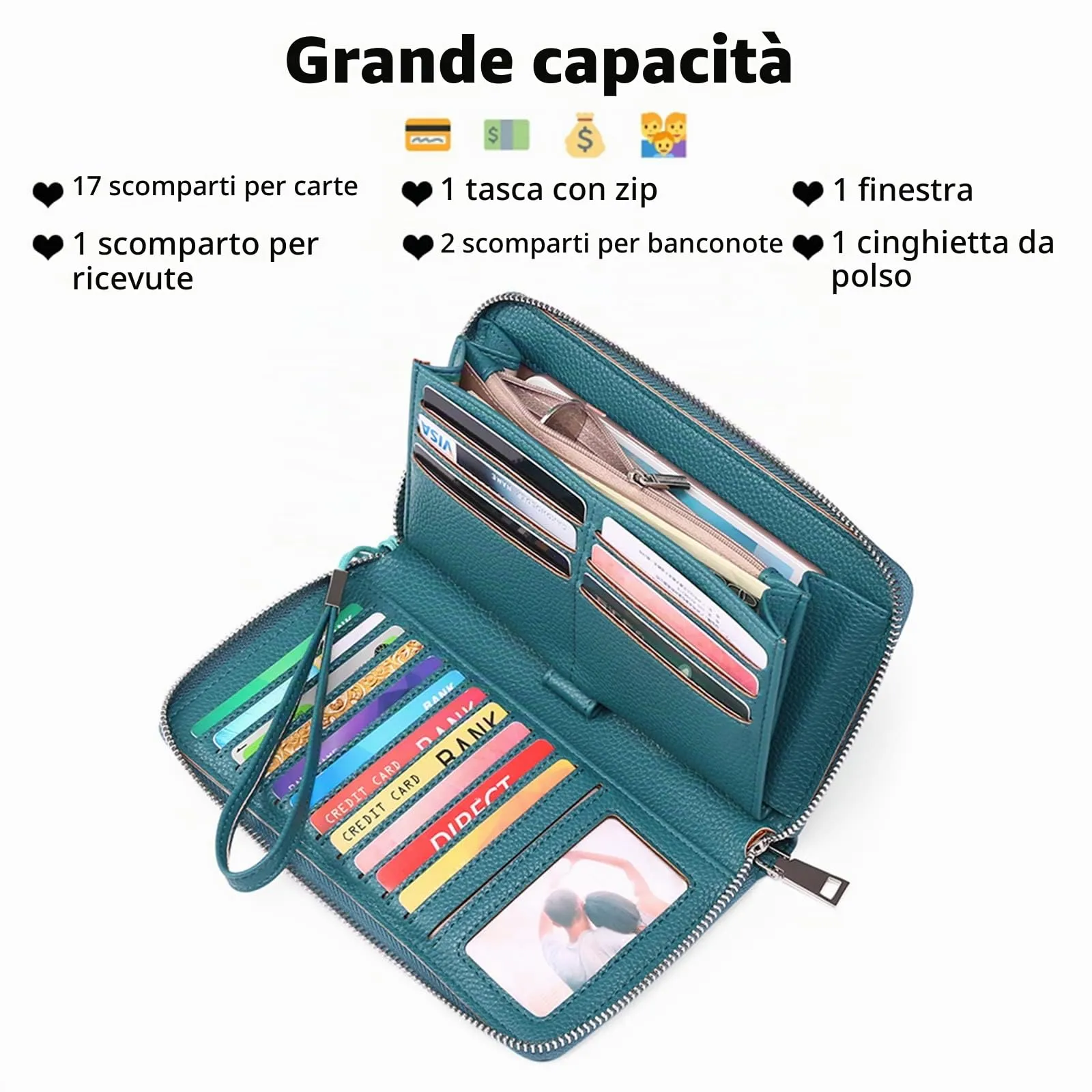 GAEKEAO Portafoglio Donna Grande in Pelle con Blocco RFID e Portamonete con Chiusura a Cerniera - immagine 2