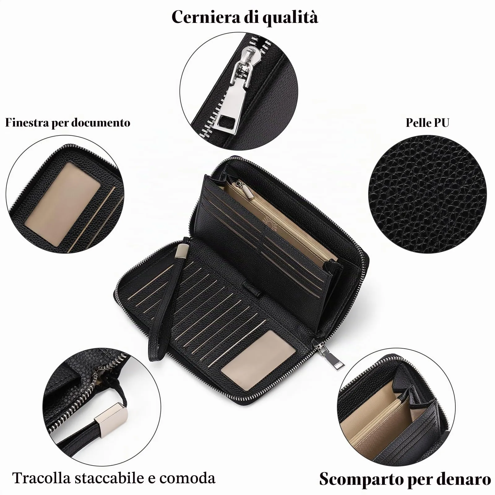 GAEKEAO Portafoglio Donna Grande in Pelle con Blocco RFID e Portamonete con Chiusura a Cerniera - immagine 3