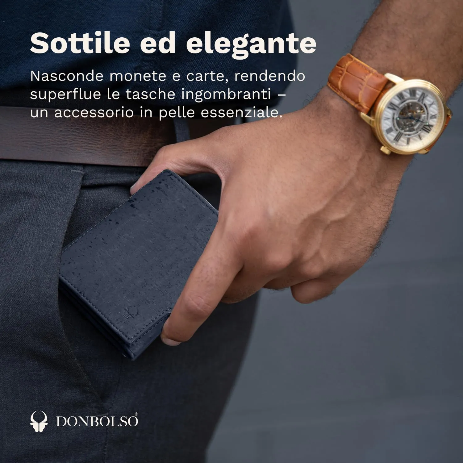 DONBOLSO Portafoglio in Pelle di Sughero NextGen Vegana con Portamonete e Protezione RFID, Blu - immagine 2