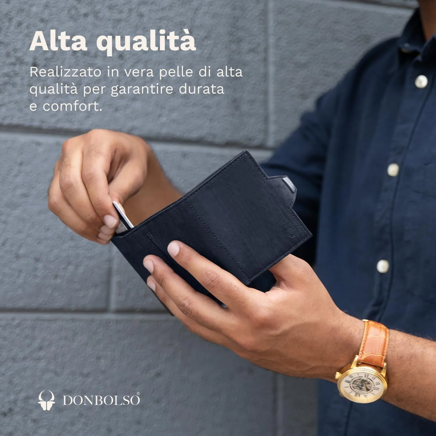 DONBOLSO Portafoglio in Pelle di Sughero NextGen Vegana con Portamonete e Protezione RFID, Blu - immagine 4