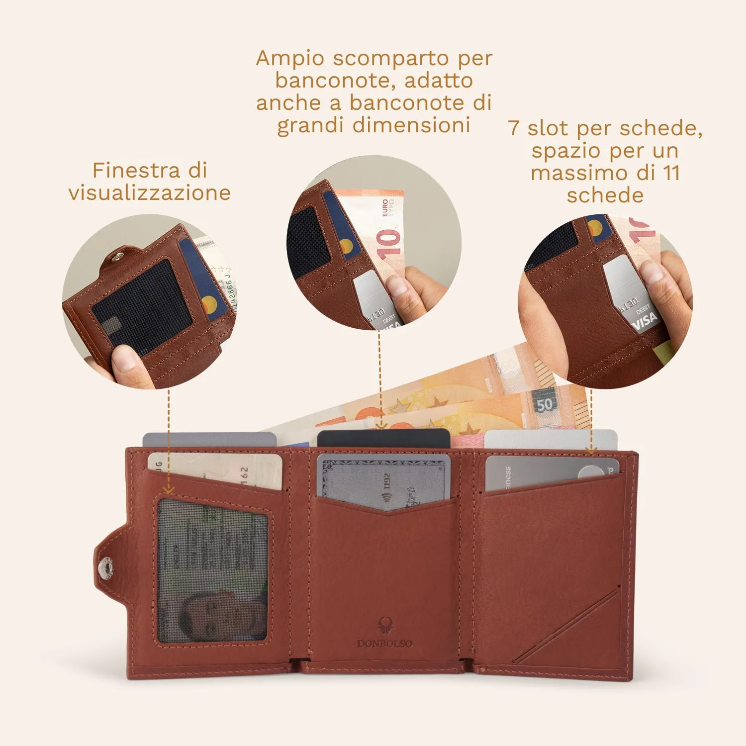 DONBOLSO NextGen Portafoglio Uomo Slim in Pelle con Protezione RFID e Portamonete, Nappa Marrone - immagine 5