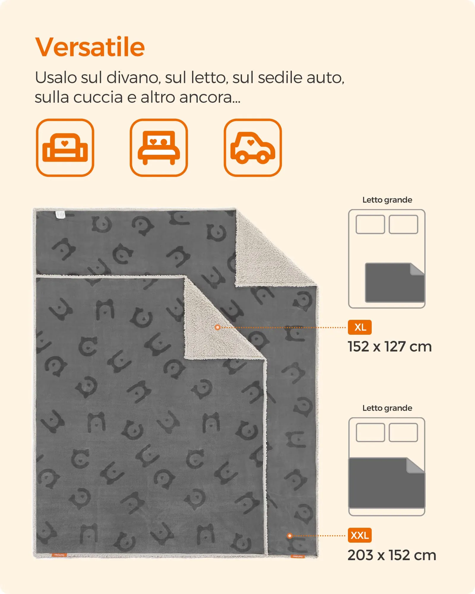 Feandrea Coperta Impermeabile per Cani e Gatti, Sherpa e Flanella Reversibile, 203 x 152 cm, XXL, Grigio PPB080G01 - immagine 7