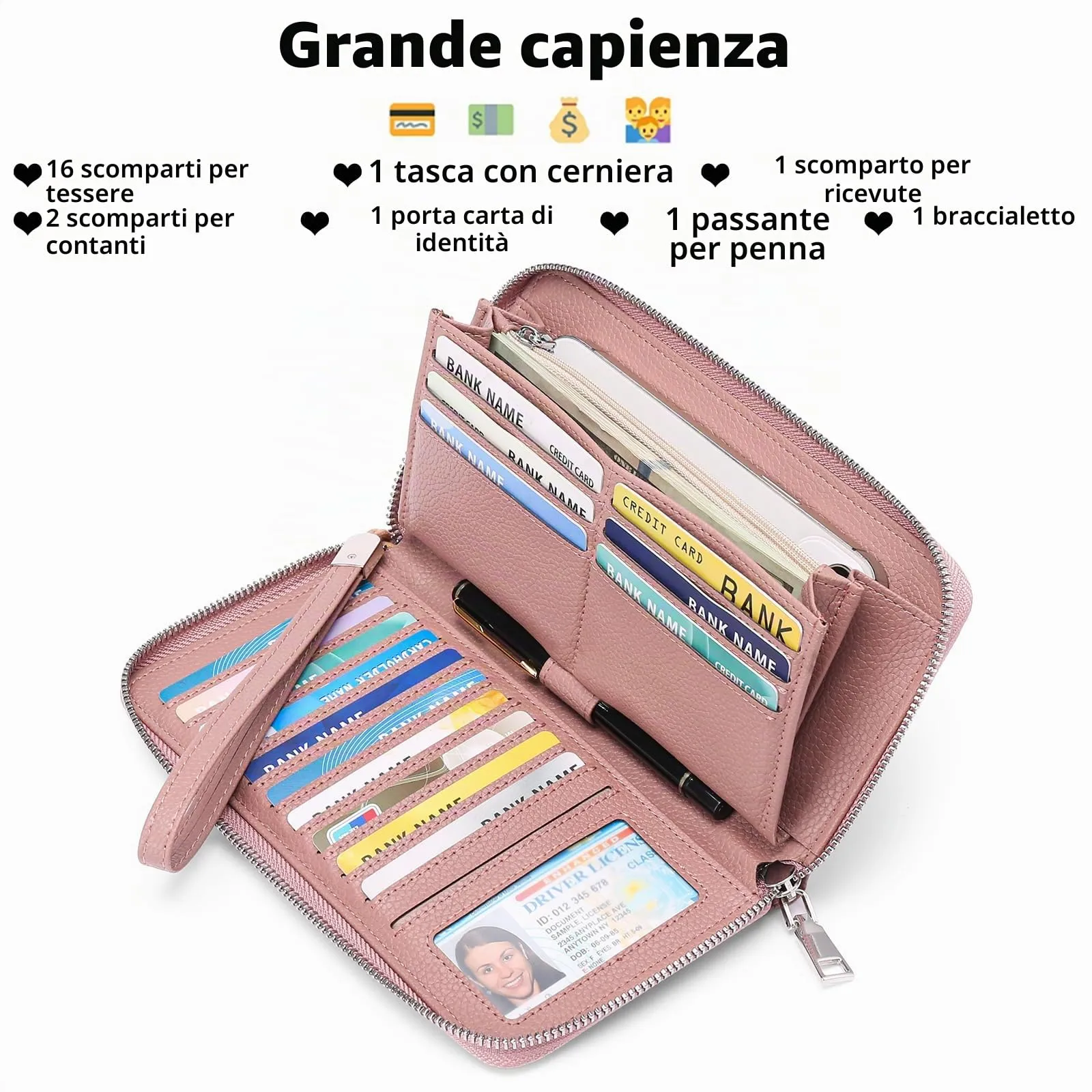 GAEKEAO Portafoglio Donna Grande in Pelle con Blocco RFID e Portamonete con Chiusura a Cerniera - immagine 2