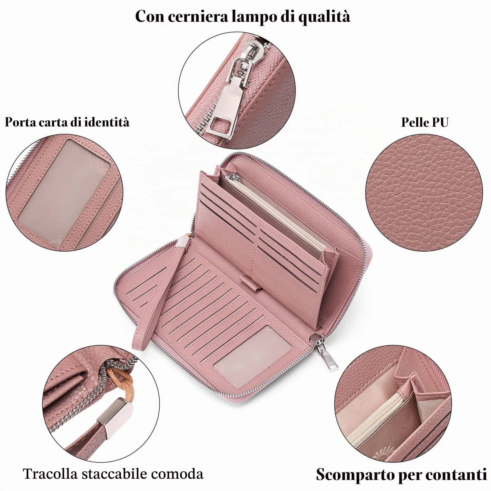 GAEKEAO Portafoglio Donna Grande in Pelle con Blocco RFID e Portamonete con Chiusura a Cerniera - immagine 3