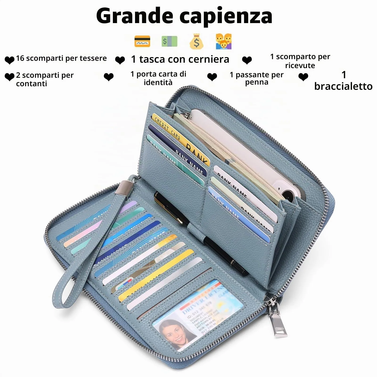 GAEKEAO Portafoglio Donna Grande in Pelle con Blocco RFID e Chiusura a Cerniera - immagine 2