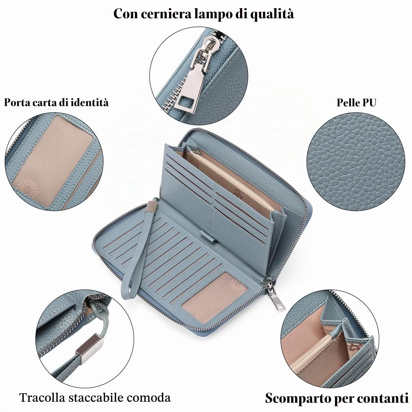 GAEKEAO Portafoglio Donna Grande in Pelle con Blocco RFID e Chiusura a Cerniera - immagine 3