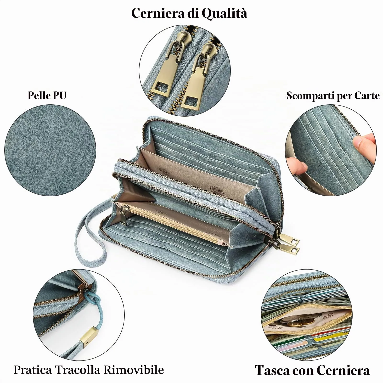 GAEKEAO Portafoglio Donna Grande in Pelle Vegan con Doppia Cerniera e Blocco RFID - immagine 3