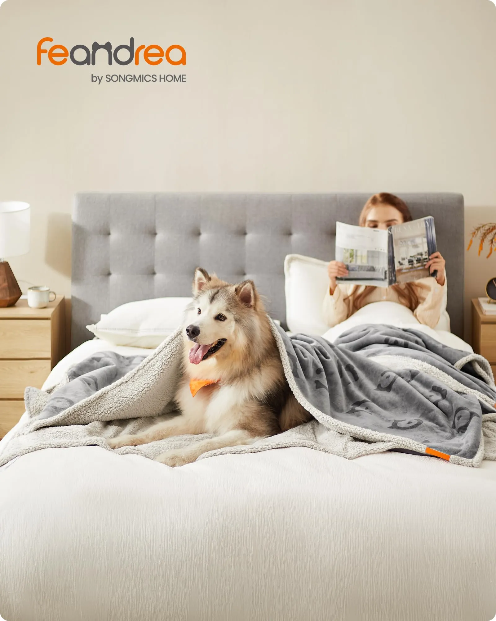 Feandrea Coperta Impermeabile per Cani e Gatti, Sherpa e Flanella, 229 x 203 cm, XXXL, Grigio PPB090G01 - immagine 2