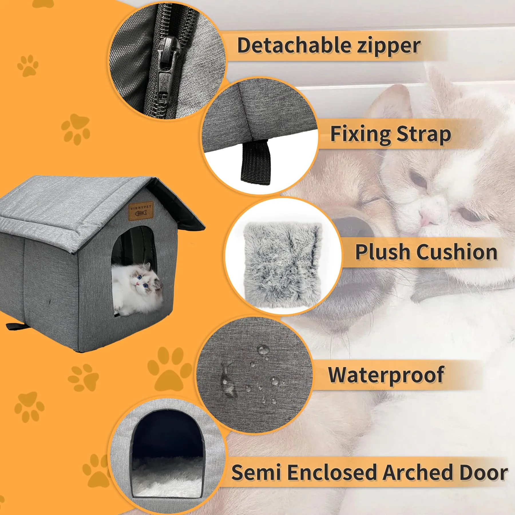 Vinnypet Casetta per Gatti da Esterno Impermeabile con Cuscino Peluche, 45x40x45cm - immagine 2