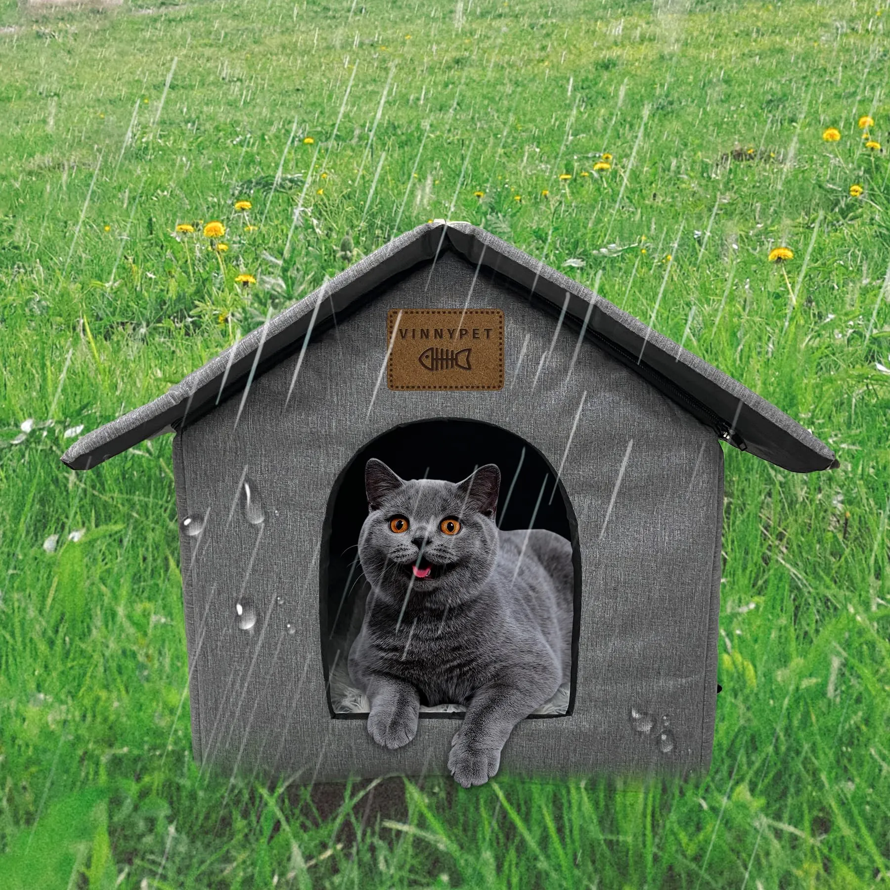 Vinnypet Casetta per Gatti da Esterno Impermeabile con Cuscino Peluche, 35x30x35cm - immagine 5