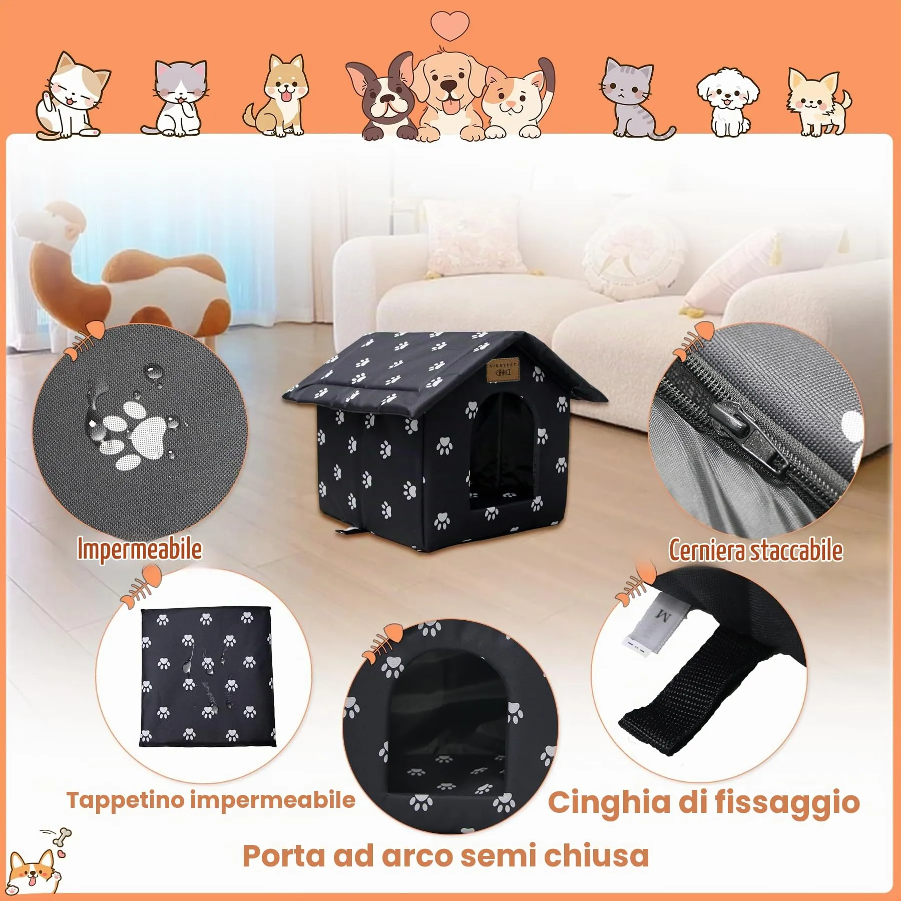Vinnypet Casetta per Gatti da Esterno Impermeabile con Cuscino, 40x35x40cm - immagine 2