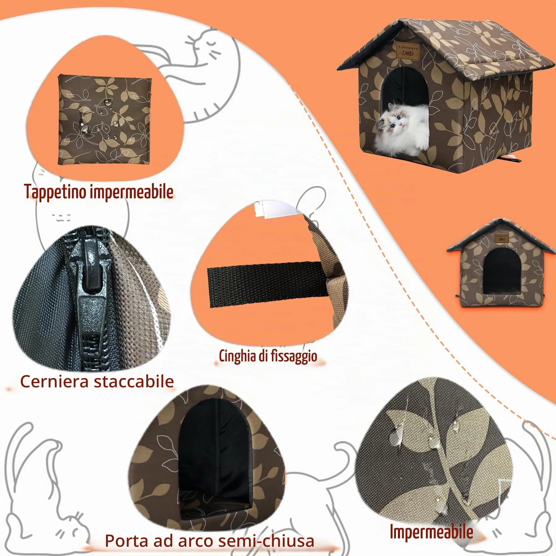 Vinnypet Casetta per Gatti da Esterno Impermeabile con Cuscino, 45x40x45cm - immagine 2