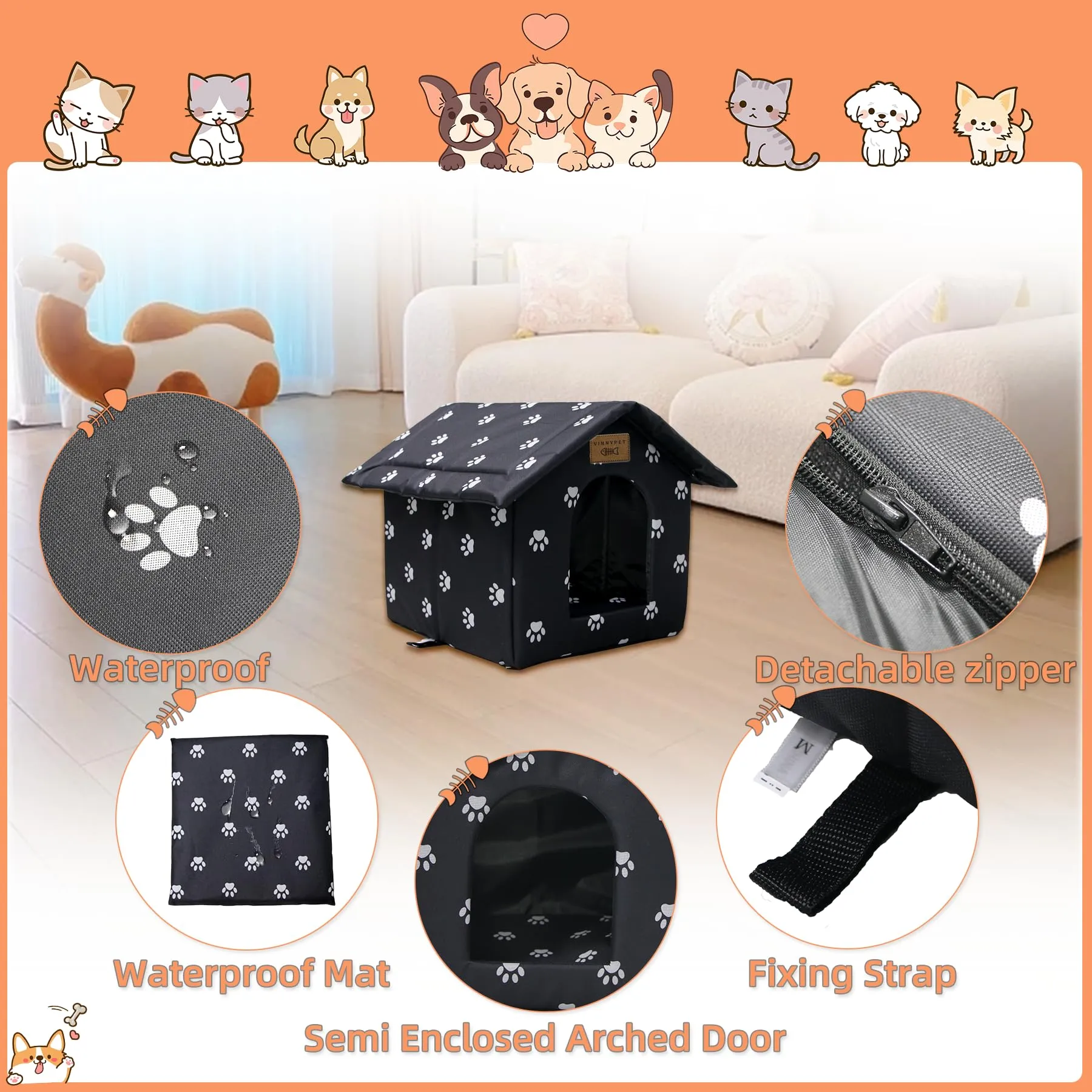 Vinnypet Casetta per Gatti per Esterni, Tenda Impermeabile con Cuscino, 35x30x35cm - immagine 2