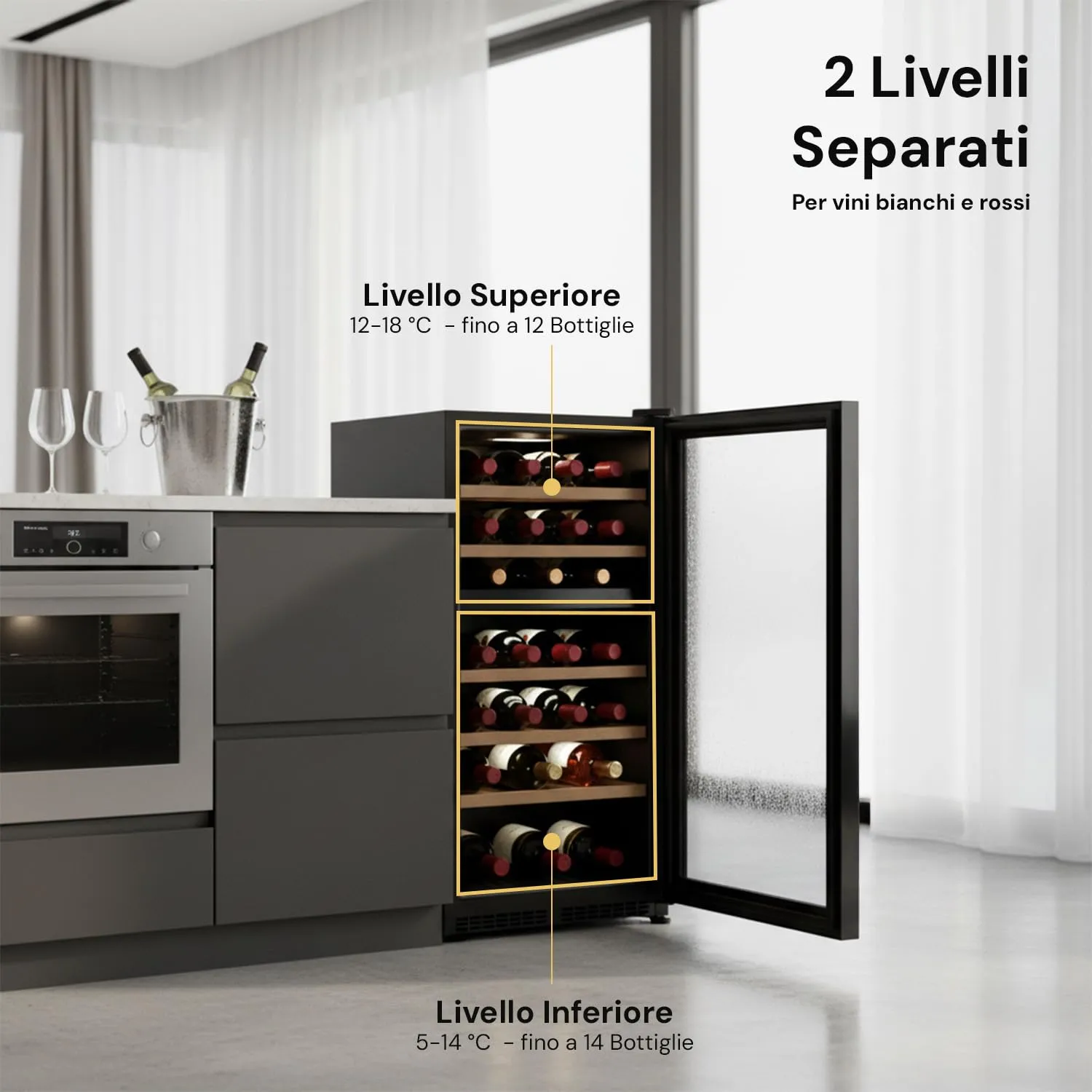 Wintem Cantinetta Vino Refrigerata Doppia Temperatura, Frigorifero con Display LED Touchscreen, Capacità 28 Bottiglie 82L - immagine 4