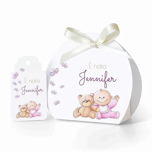 Ferdinando Famà Scatoline Portaconfetti Nascita Semicerchio Bimba Rosa, Bomboniere Personalizzabili in Cartoncino, 24 Scatoline + 24 Tag - immagine 1