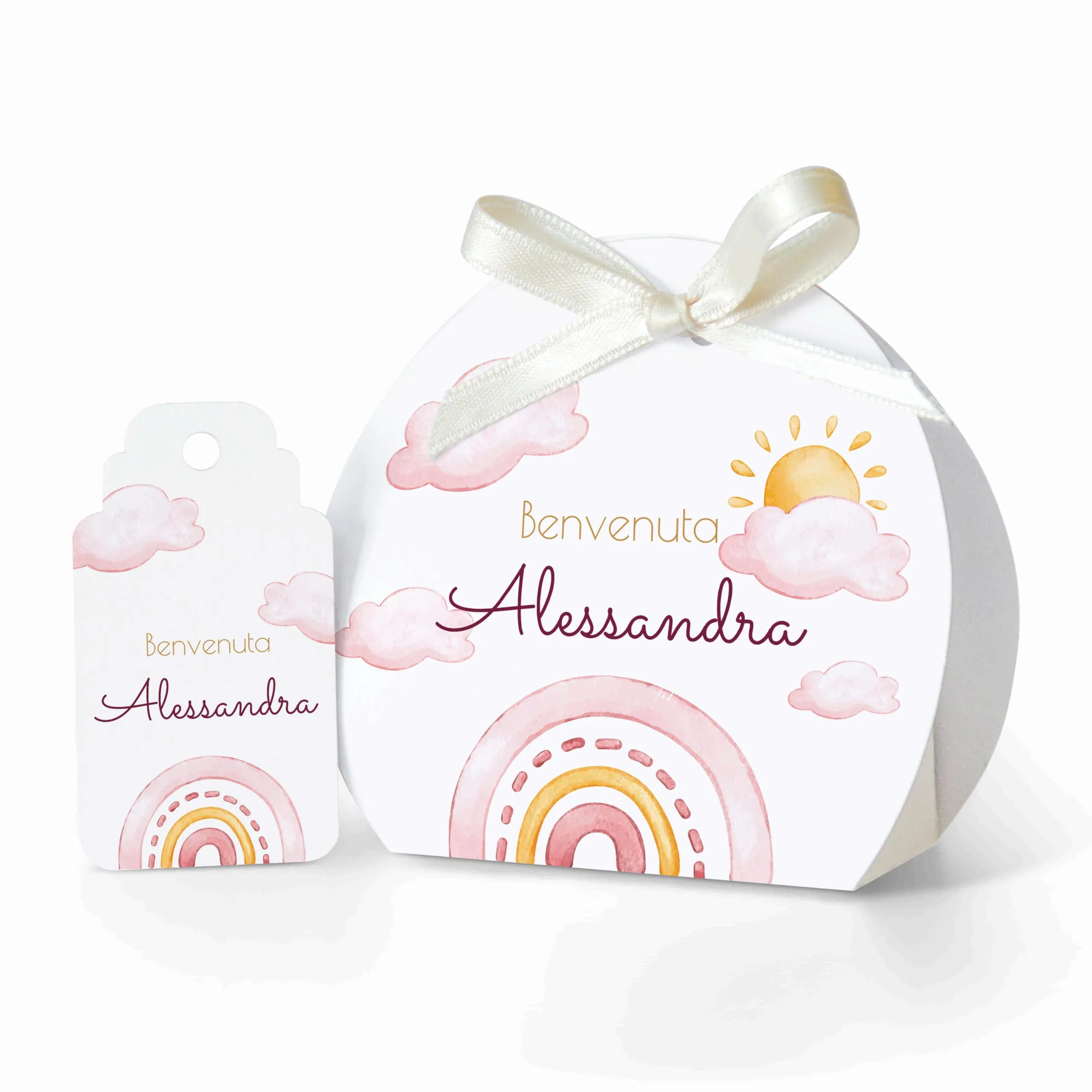 Ferdinando Famà Scatoline Portaconfetti Nascita Semicerchio Arcobaleno Rosa, Bomboniere in Cartoncino, 24 Scatoline + 24 Tag - immagine 1