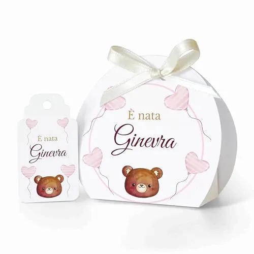 Ferdinando Famà Scatoline Portaconfetti Nascita Semicerchio Orsetto Rosa, Bomboniera Personalizzabile in Cartoncino, 24 Scatoline + 24 Tag - immagine 1