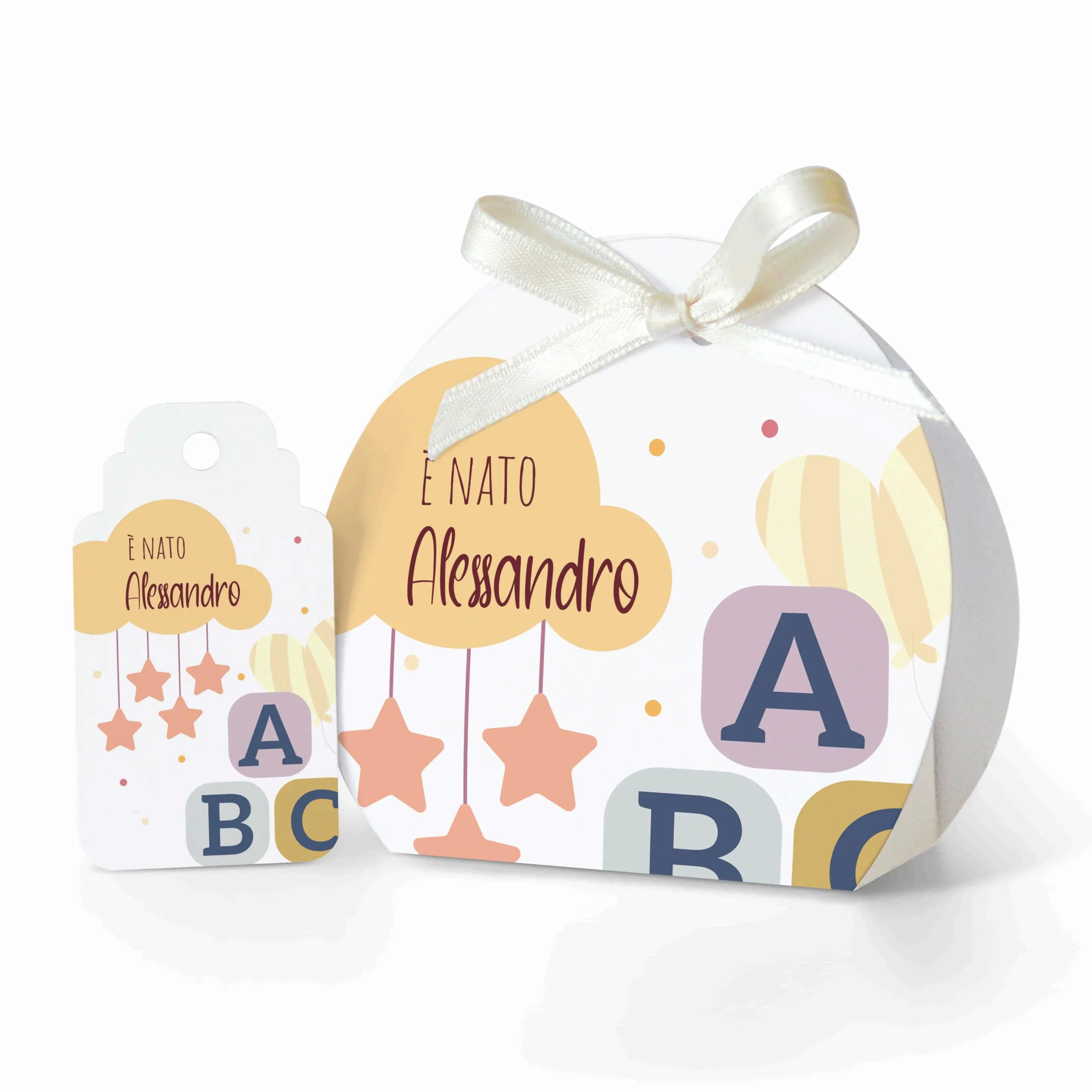 Ferdinando Famà Scatolina Portaconfetti Nascita Semicerchio ABC, Bomboniera Personalizzabile in Cartoncino, 24 Scatoline + 24 Tag - immagine 1