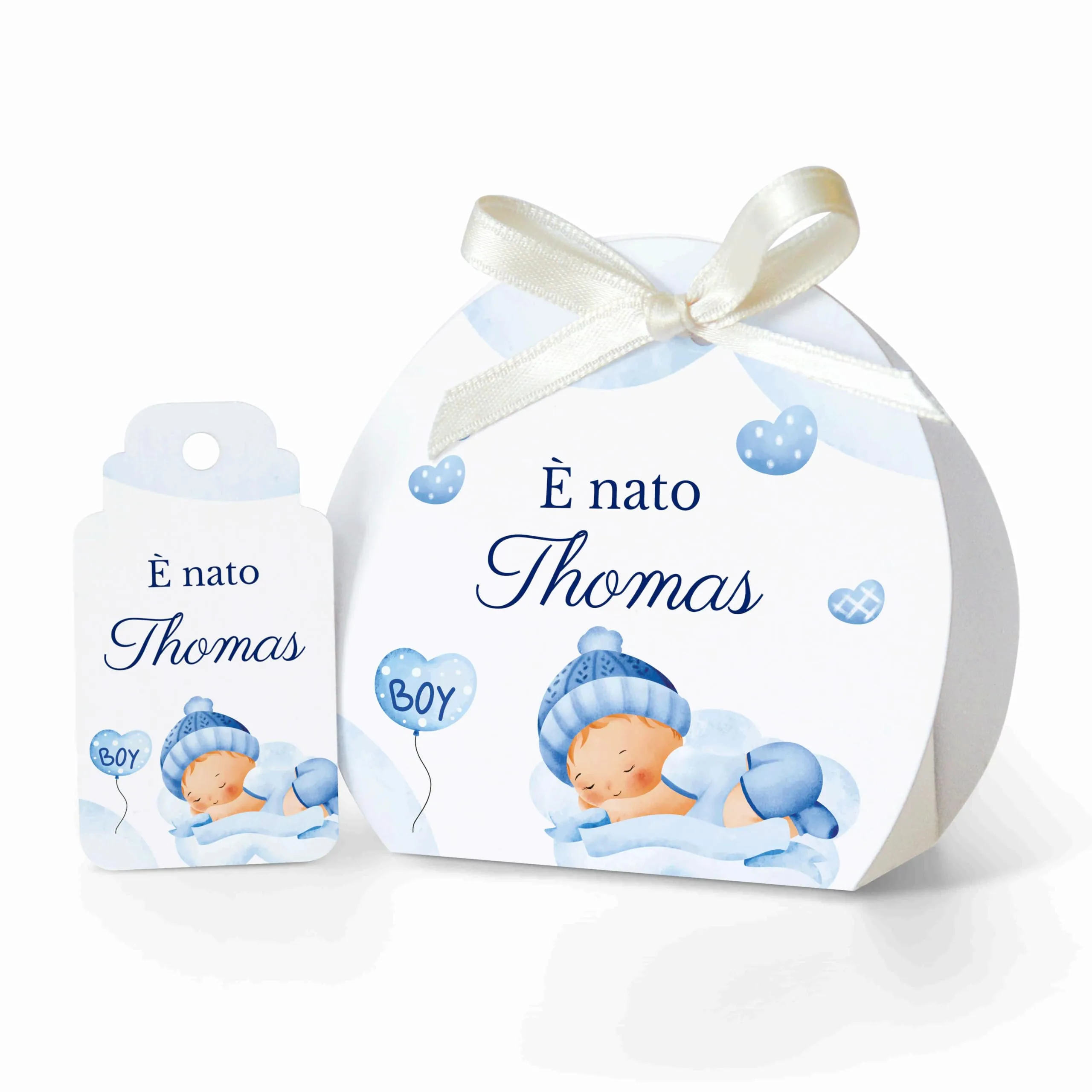 Ferdinando Famà Scatoline Portaconfetti Nascita Semicerchio Boy Azzurro, Bomboniere Personalizzabili in Cartoncino, 24 Scatoline + 24 Tag - immagine 1