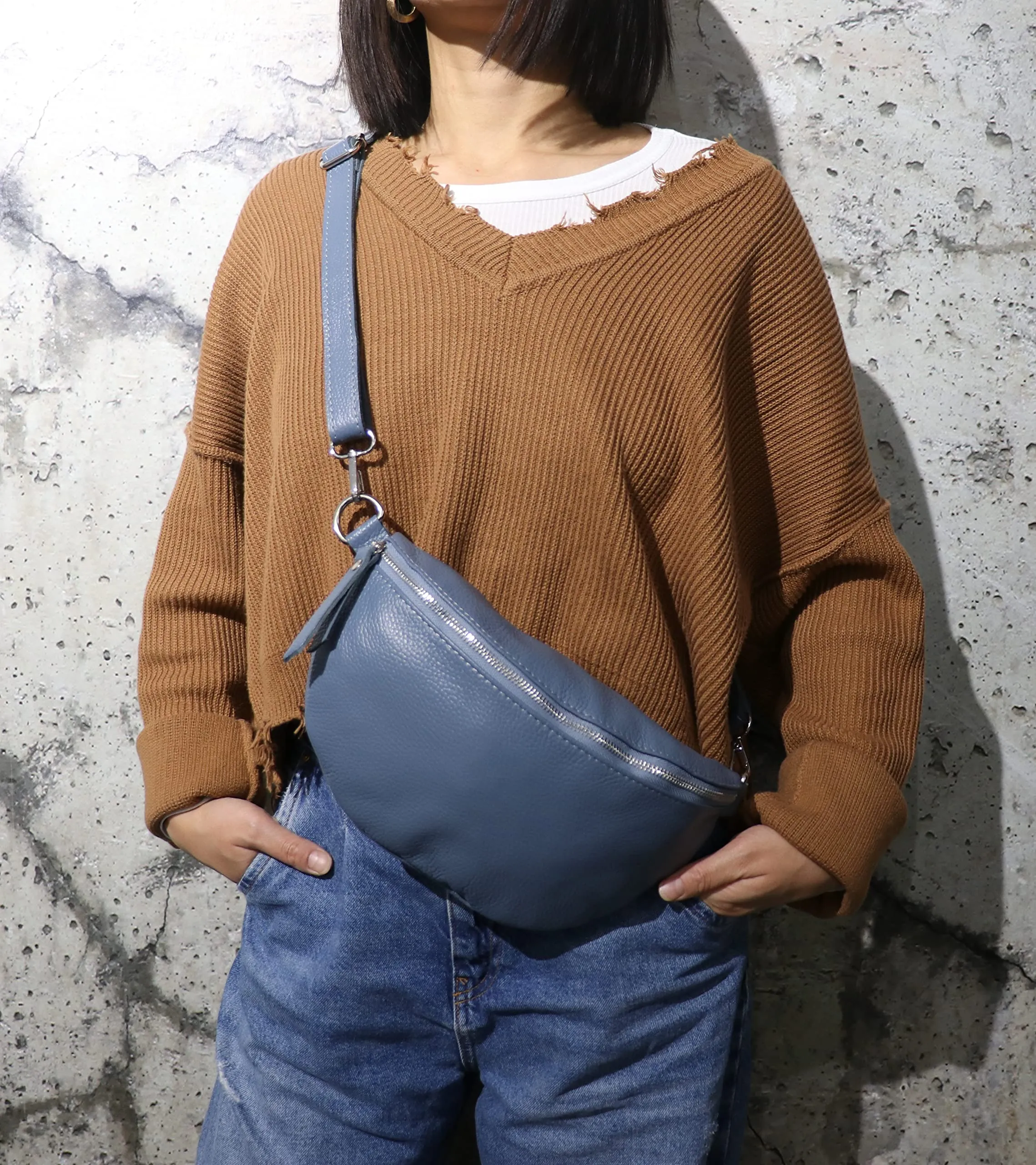 SH Leder Lala G399 Marsupio in Vera Pelle, Grigio Finestra, L, 30 x 18 cm - immagine 6