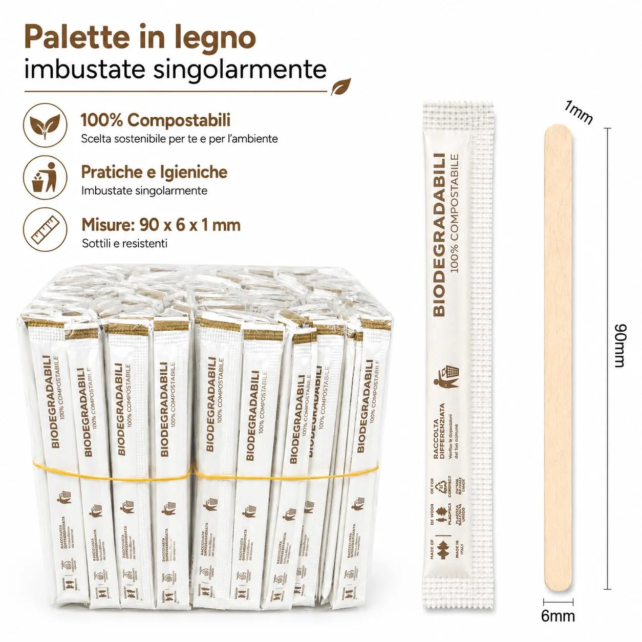 marketcaffe Palettine per Caffè in Legno, Biodegradabili e Compostabili, Confezionate Singolarmente, 1000 Pezzi - immagine 2