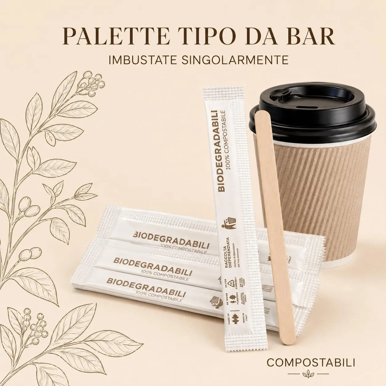 marketcaffe Palettine per Caffè in Legno, Biodegradabili e Compostabili, Confezionate Singolarmente, 1000 Pezzi - immagine 5