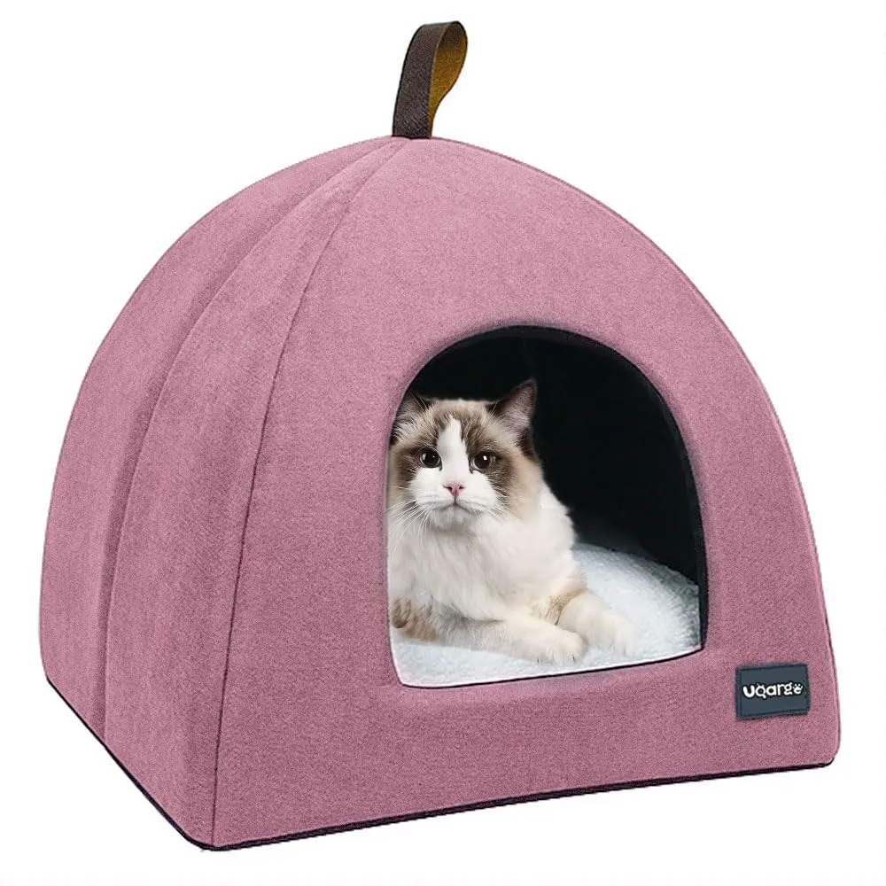 Voarge Letti per gatti, grotta morbida, in pile caldi, con cuscino interno rimovibile e lavabile, rosa, large - immagine 1