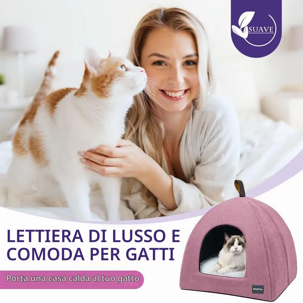 Voarge Letti per gatti, grotta morbida, in pile caldi, con cuscino interno rimovibile e lavabile, rosa, large - immagine 2