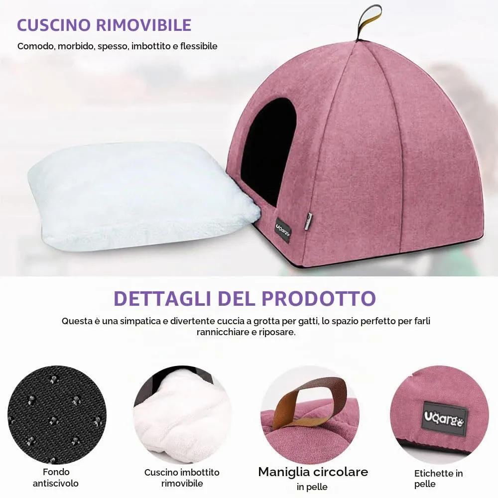 Voarge Letti per gatti, grotta morbida, in pile caldi, con cuscino interno rimovibile e lavabile, rosa, large - immagine 5