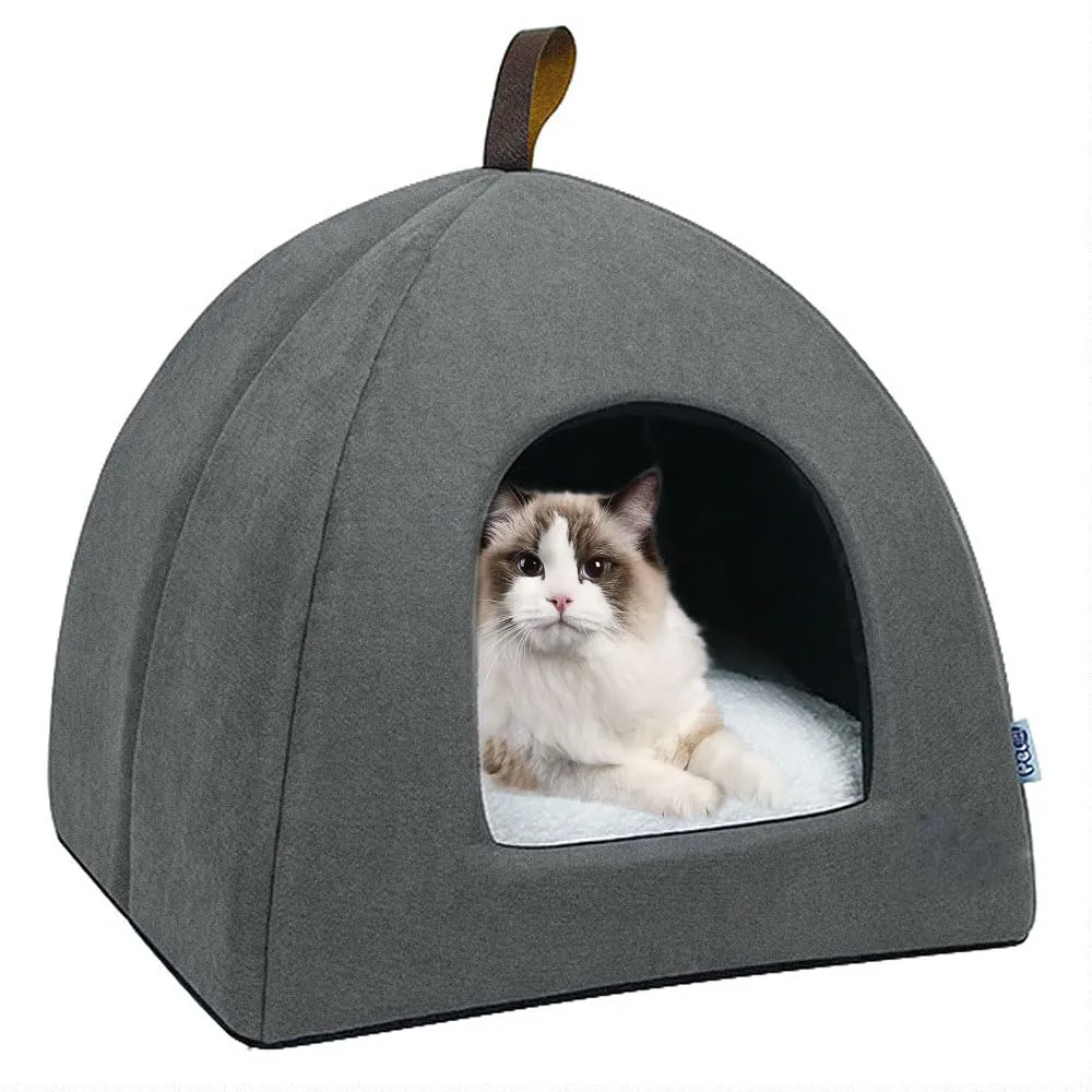 Voarge Letto per gatto morbido pile caldo, letti per gatto, nido con cuscino interno estraibile e lavabile, grigio, Large - immagine 1