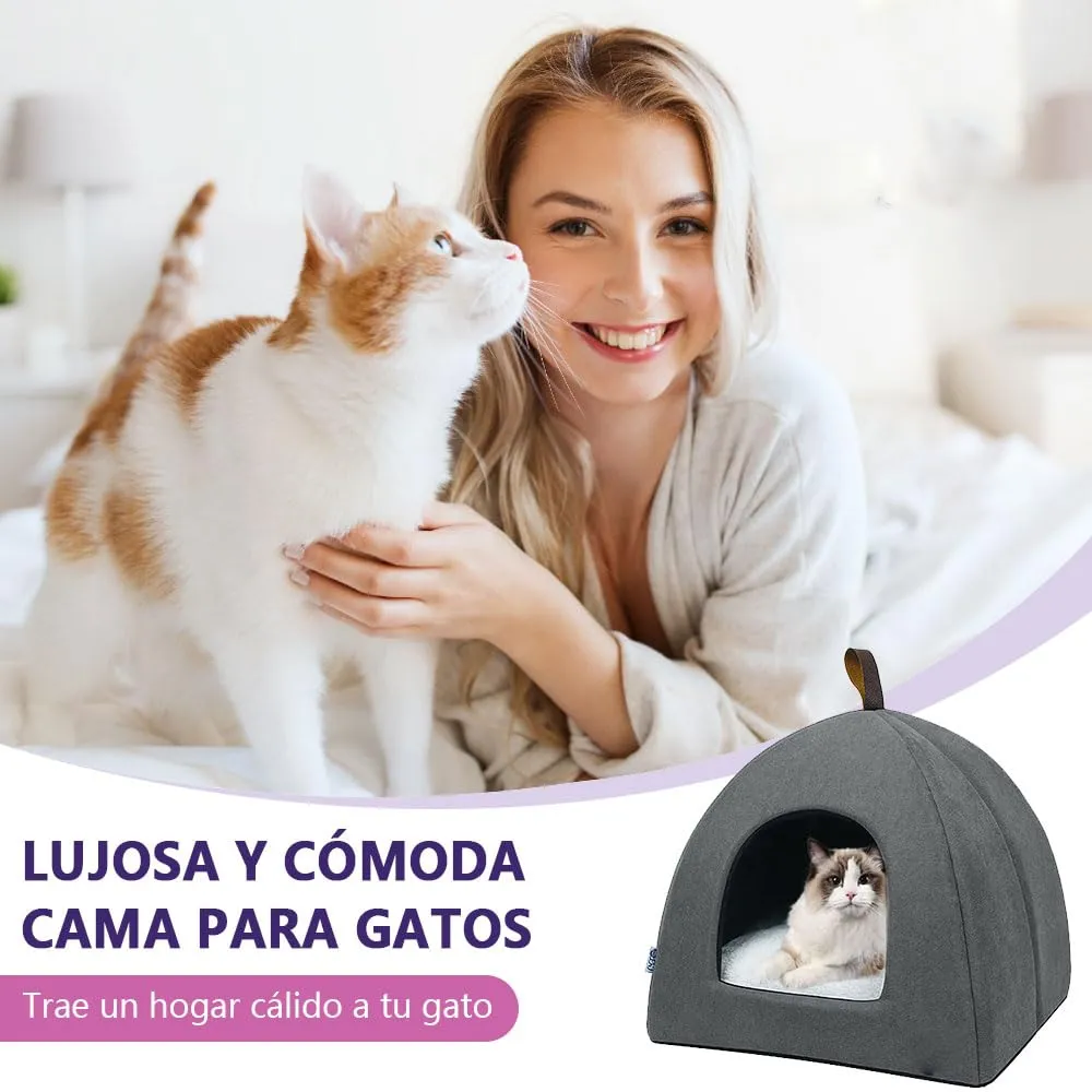 Voarge Letto per gatto morbido pile caldo, letti per gatto, nido con cuscino interno estraibile e lavabile, grigio, Large - immagine 2