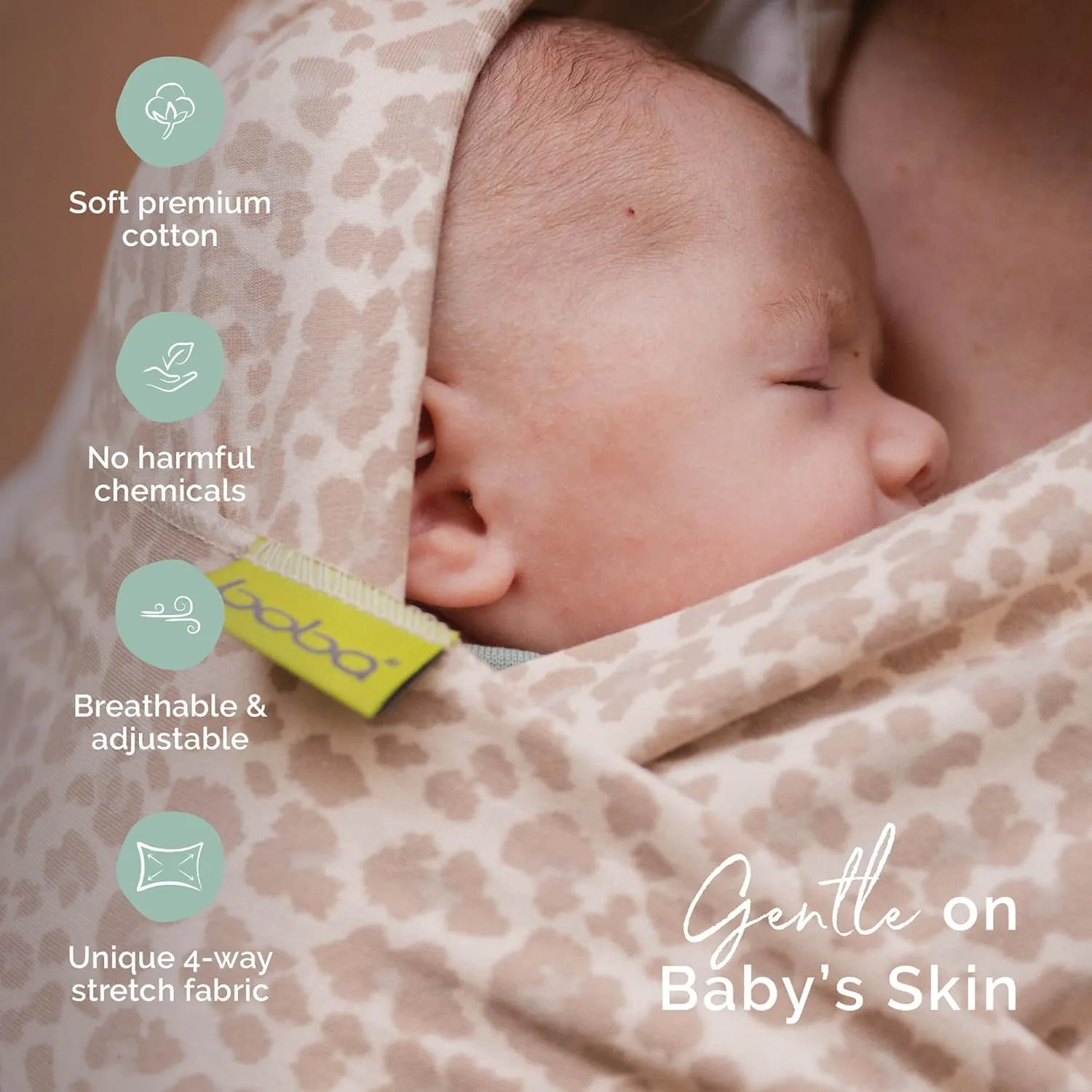 Boba Fascia Porta Bebè Elastica, Cotone, Neonato, Leopardo Sabbia - immagine 5
