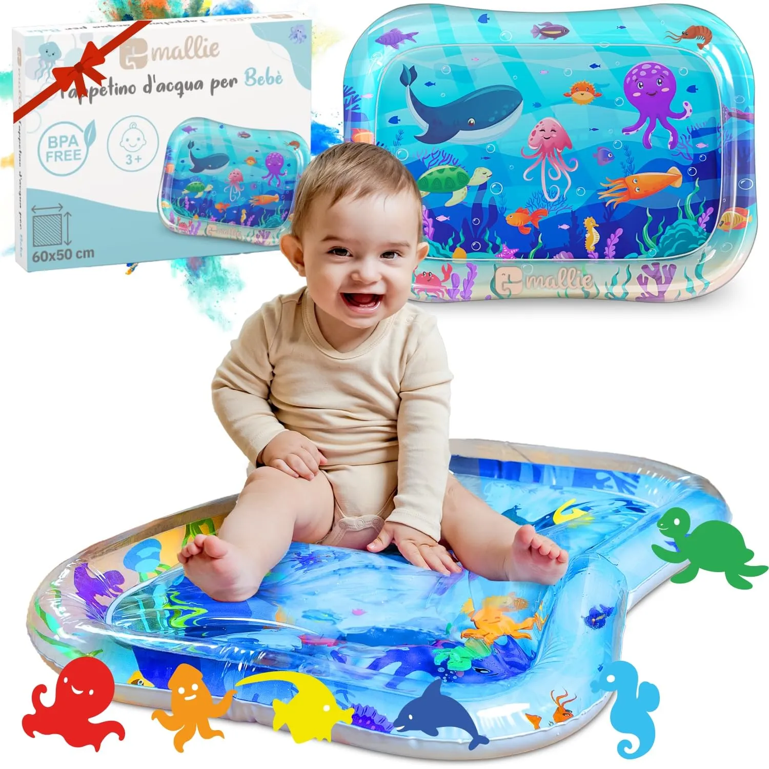 Mallie Tappetino Tummy Time Neonato, Tappeto ad Acqua Gonfiabile per Giochi Sensoriali 0-6 Mesi - immagine 1
