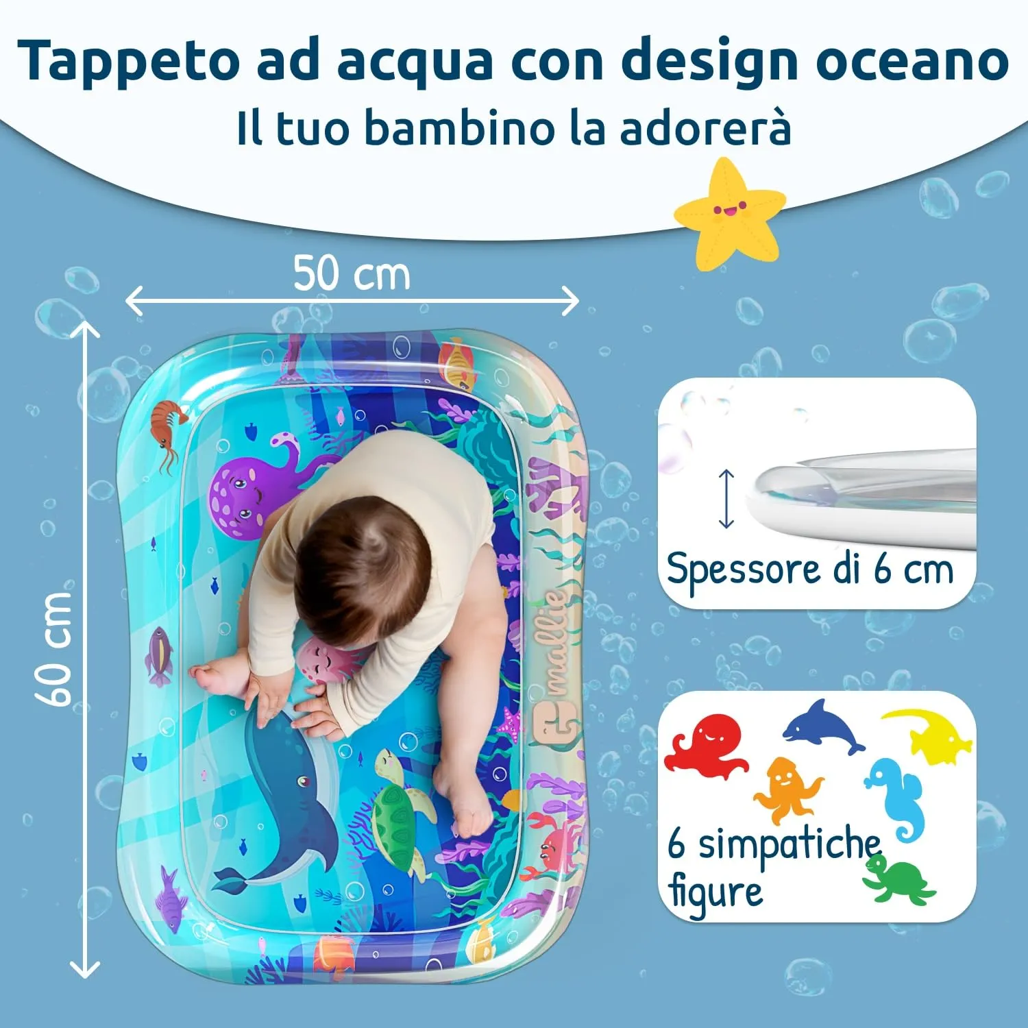 Mallie Tappetino Tummy Time Neonato, Tappeto ad Acqua Gonfiabile per Giochi Sensoriali 0-6 Mesi - immagine 2