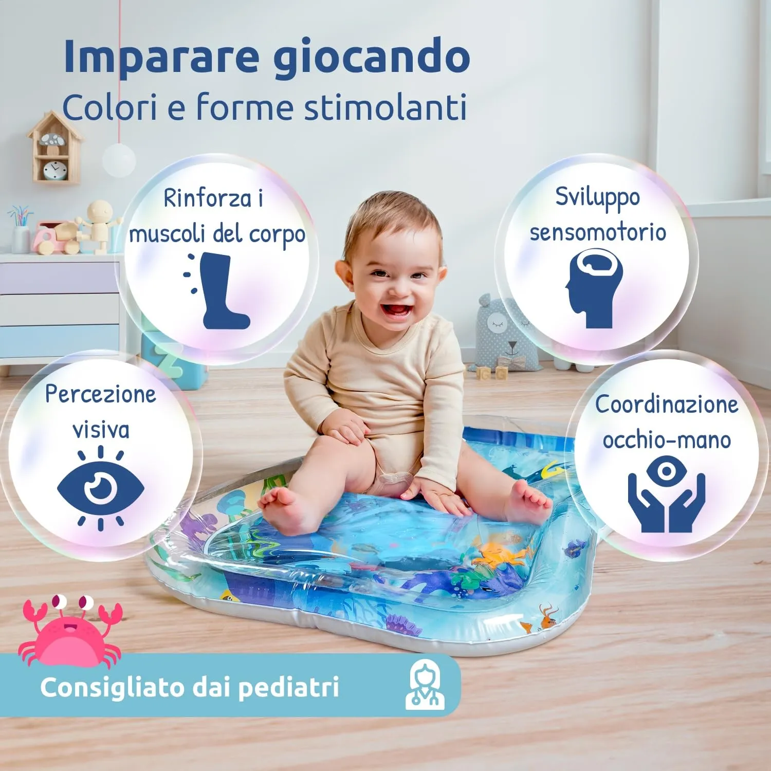 Mallie Tappetino Tummy Time Neonato, Tappeto ad Acqua Gonfiabile per Giochi Sensoriali 0-6 Mesi - immagine 3