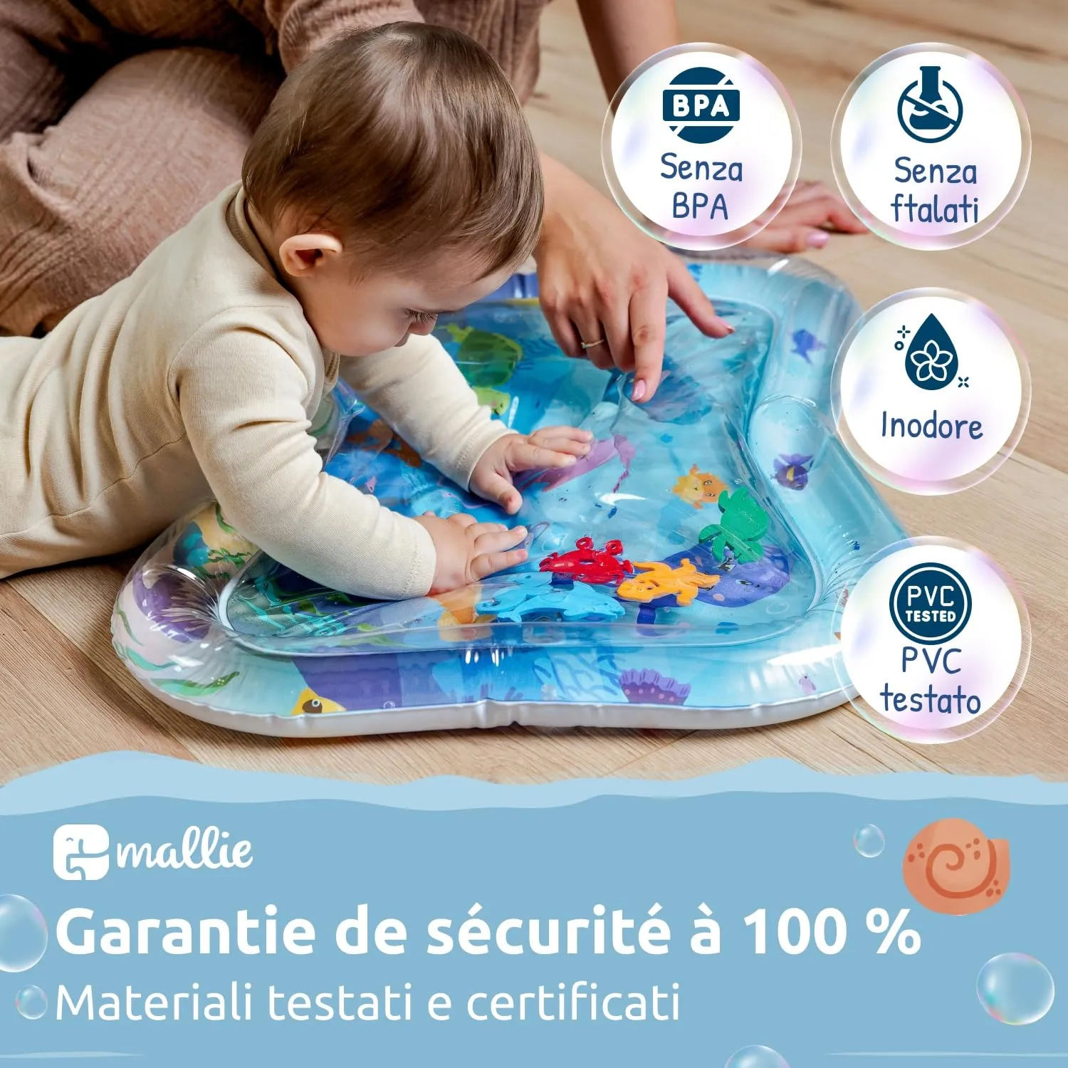 Mallie Tappetino Tummy Time Neonato, Tappeto ad Acqua Gonfiabile per Giochi Sensoriali 0-6 Mesi - immagine 4