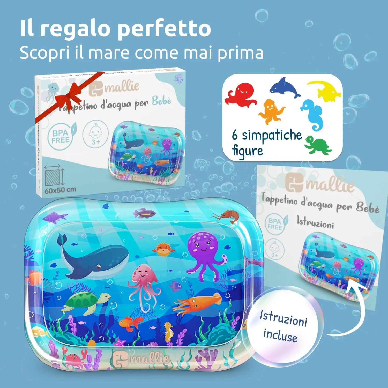 Mallie Tappetino Tummy Time Neonato, Tappeto ad Acqua Gonfiabile per Giochi Sensoriali 0-6 Mesi - immagine 5