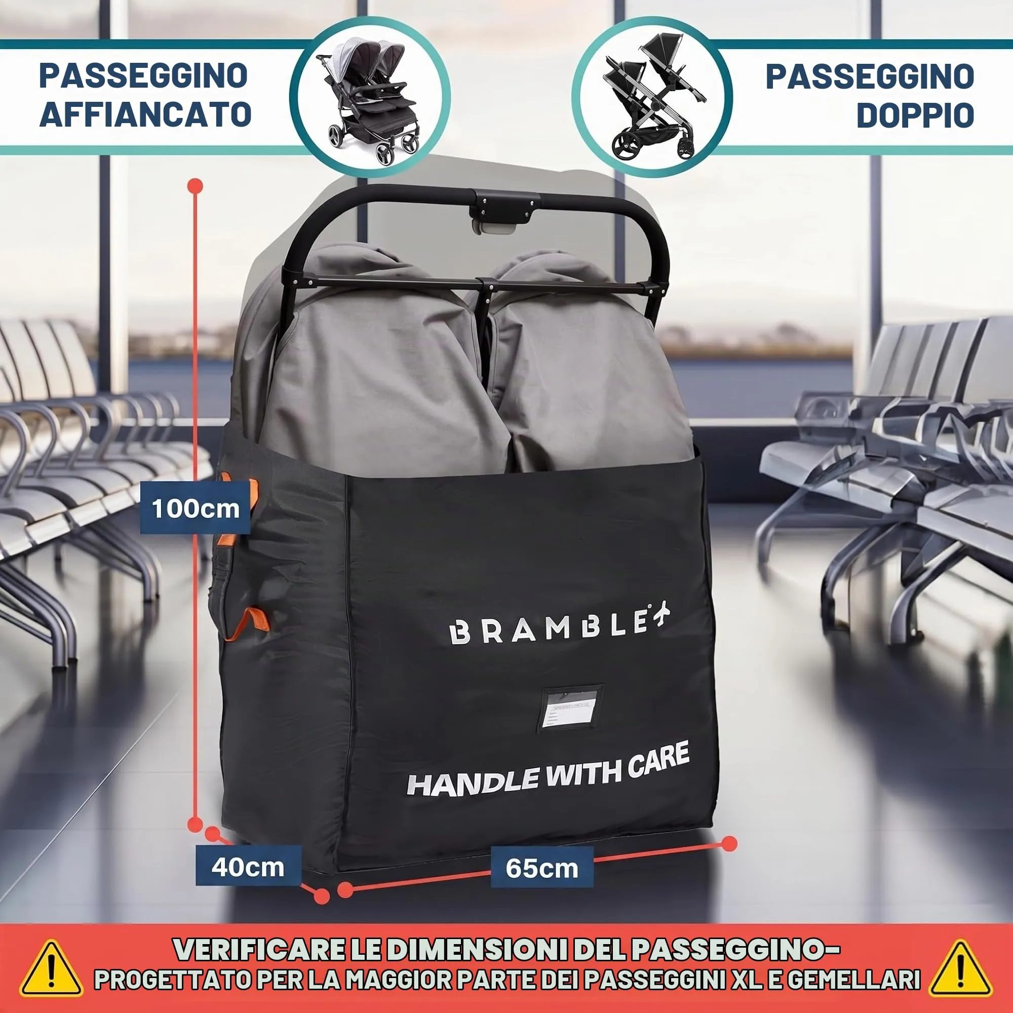 Bramble Borsa da Trasporto Passeggino Gemellare XL per Aereo Gate Check, Nylon Balistico Idrorepellente, 100 x 65 x 40 cm (Nero) - immagine 2
