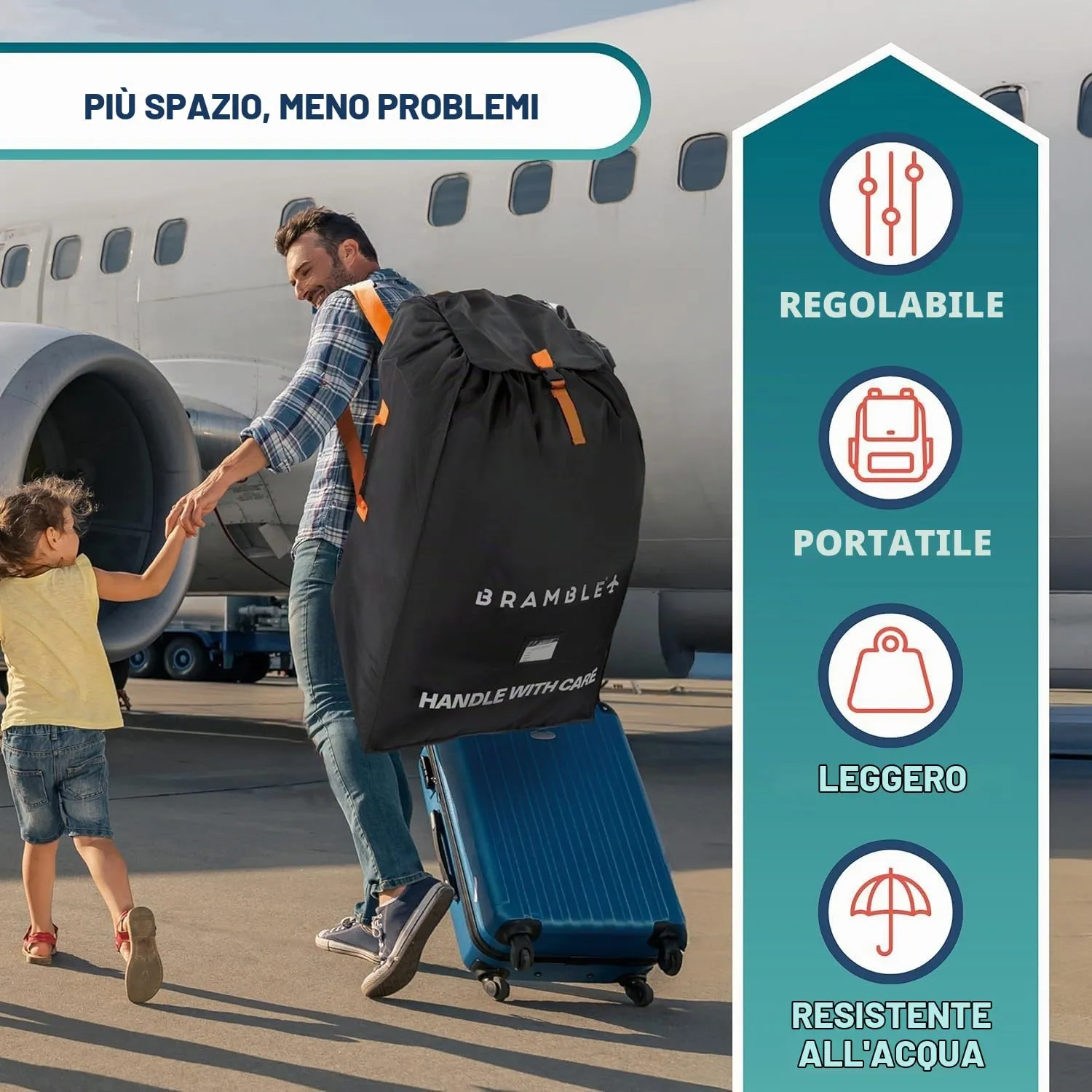 Bramble Borsa da Trasporto Passeggino Gemellare XL per Aereo Gate Check, Nylon Balistico Idrorepellente, 100 x 65 x 40 cm (Nero) - immagine 4
