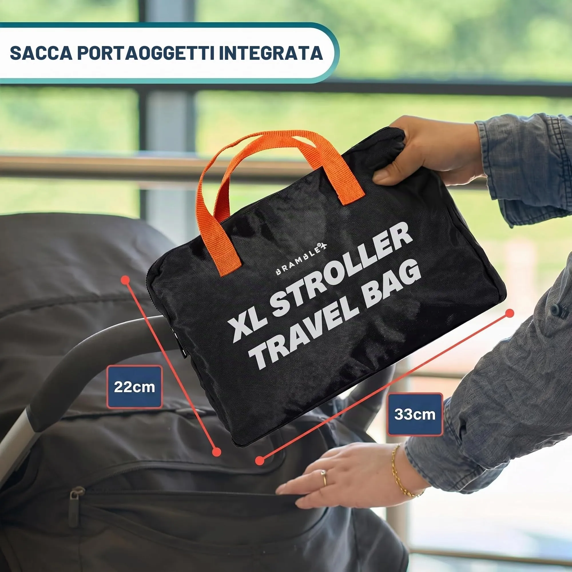 Bramble Borsa da Trasporto Passeggino Gemellare XL per Aereo Gate Check, Nylon Balistico Idrorepellente, 100 x 65 x 40 cm (Nero) - immagine 5
