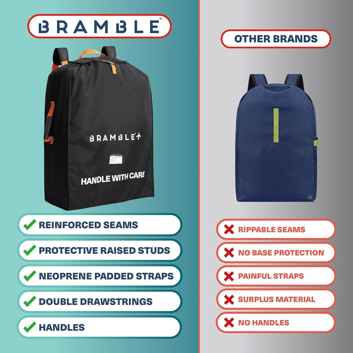 Bramble Borsa da Trasporto Passeggino Gemellare XL per Aereo Gate Check, Nylon Balistico Idrorepellente, 100 x 65 x 40 cm (Nero) - immagine 8