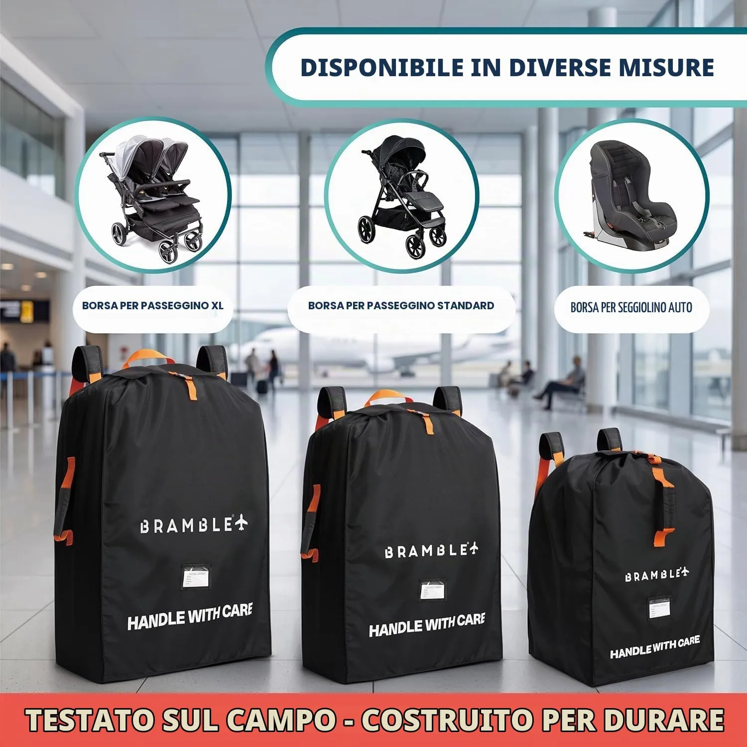 Bramble Borsa da Trasporto Passeggino Gemellare XL per Aereo Gate Check, Nylon Balistico Idrorepellente, 100 x 65 x 40 cm (Nero) - immagine 9