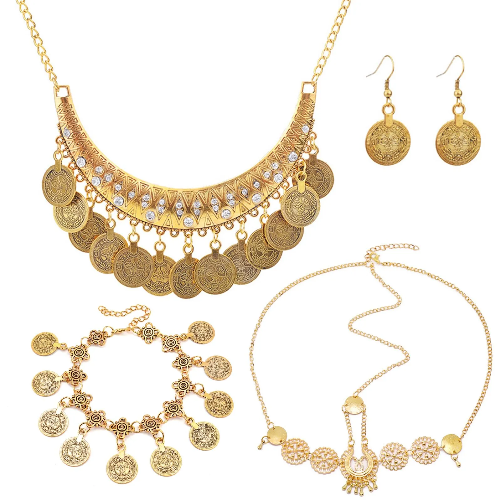 Hifot Set Gioielli Danza del Ventre in Oro con Monete, Collana, Bracciale, Orecchini e Catena per Capelli - immagine 1