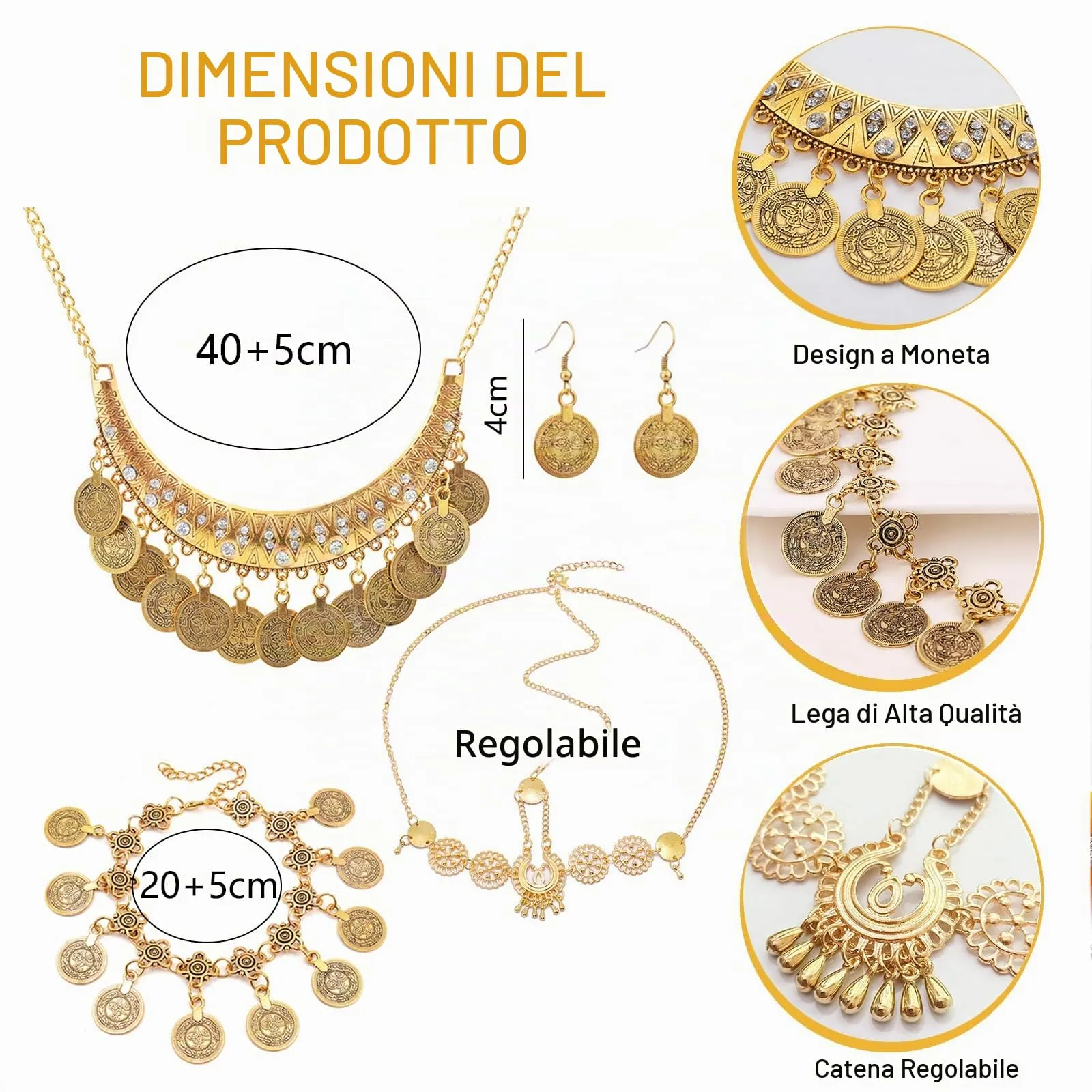 Hifot Set Gioielli Danza del Ventre in Oro con Monete, Collana, Bracciale, Orecchini e Catena per Capelli - immagine 2