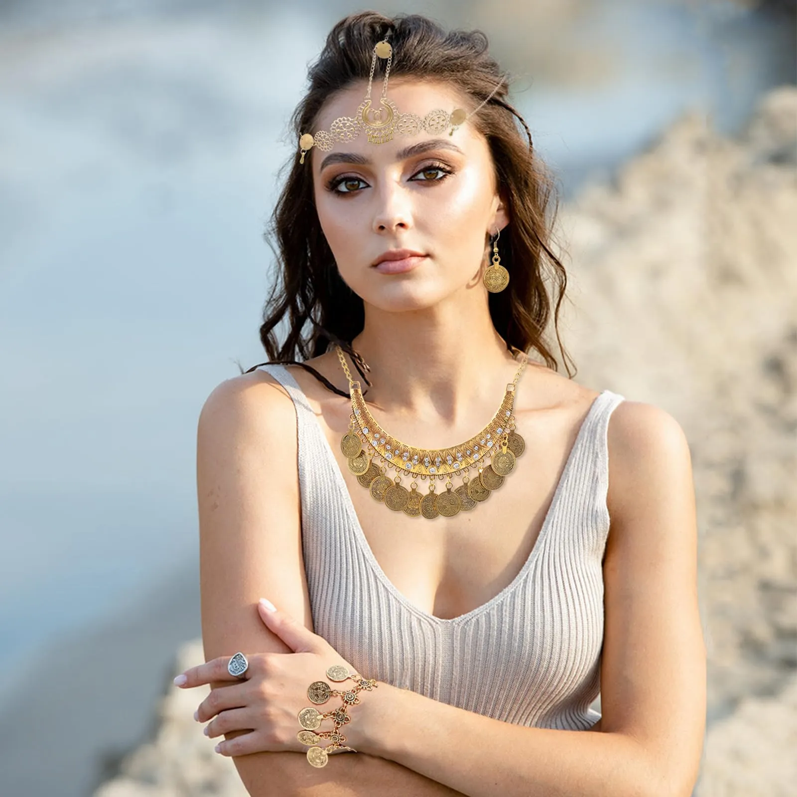 Hifot Set Gioielli Danza del Ventre in Oro con Monete, Collana, Bracciale, Orecchini e Catena per Capelli - immagine 3