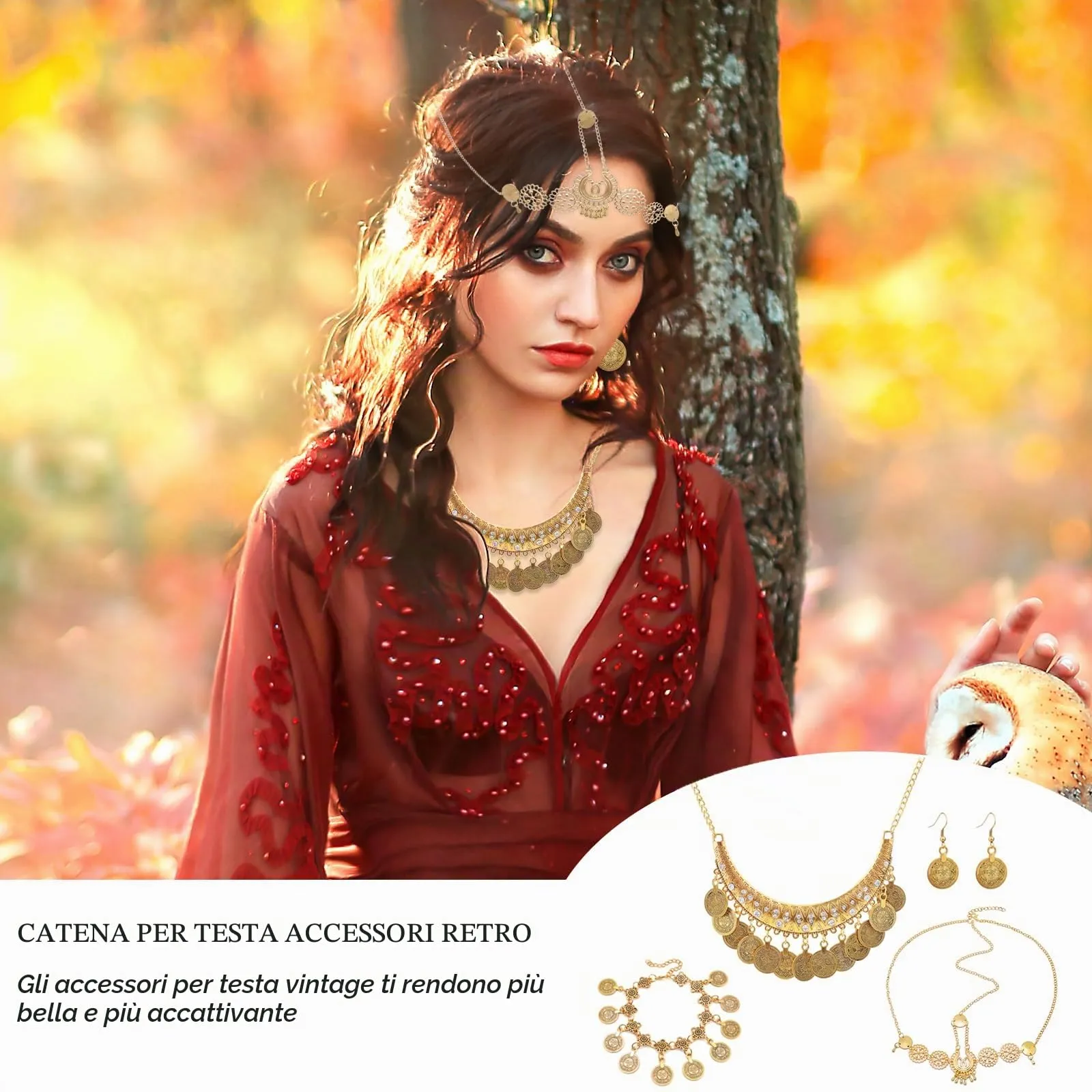 Hifot Set Gioielli Danza del Ventre in Oro con Monete, Collana, Bracciale, Orecchini e Catena per Capelli - immagine 4