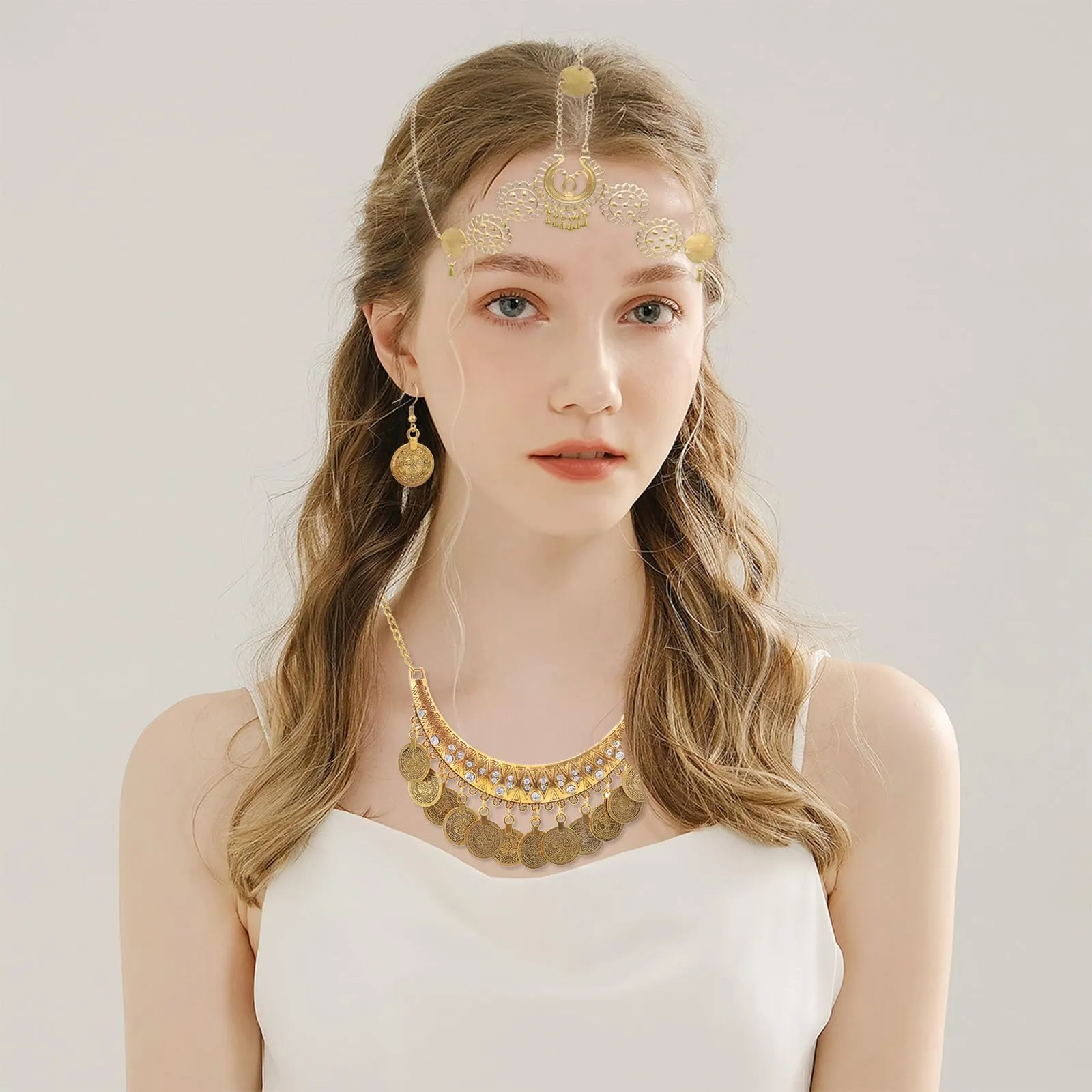 Hifot Set Gioielli Danza del Ventre in Oro con Monete, Collana, Bracciale, Orecchini e Catena per Capelli - immagine 9
