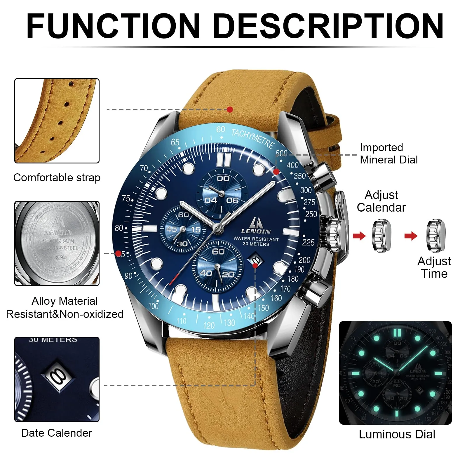 LN LENQIN Orologio Uomo Analogico al Quarzo con Cinturino in Pelle - immagine 6