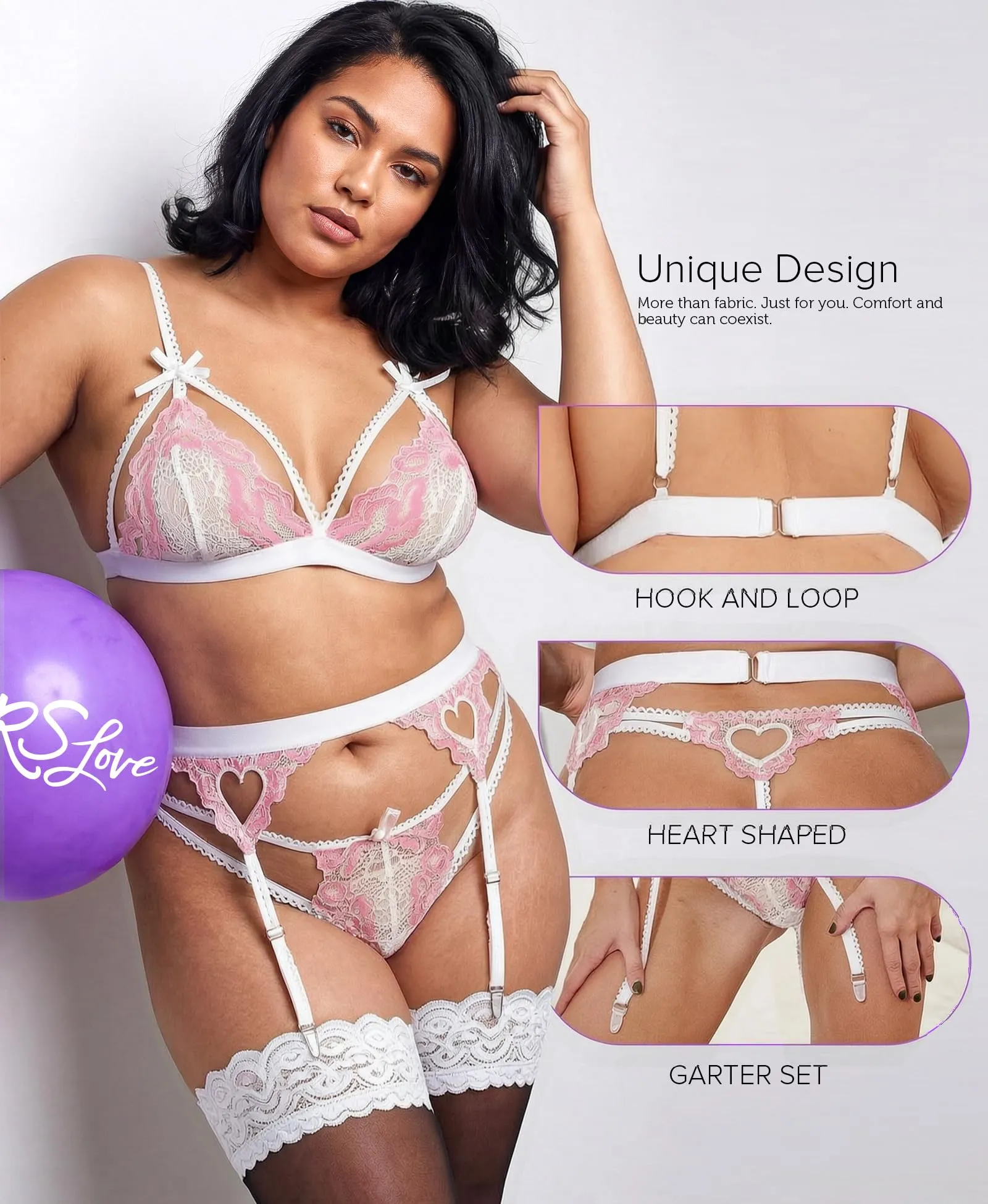 RSLOVE Set lingerie da donna con reggicalze in pizzo, 3 pezzi, bianco rosa, XXL - immagine 4