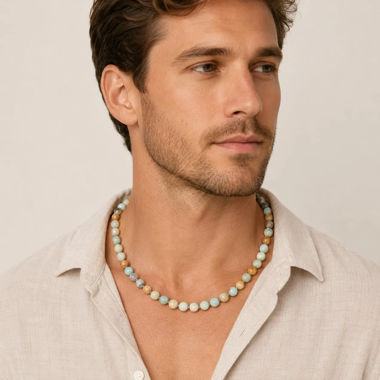 GAVU Collana da Uomo in Amazzonite con Perle Sfaccettate e Chiusura T-Bar, 60cm - immagine 2